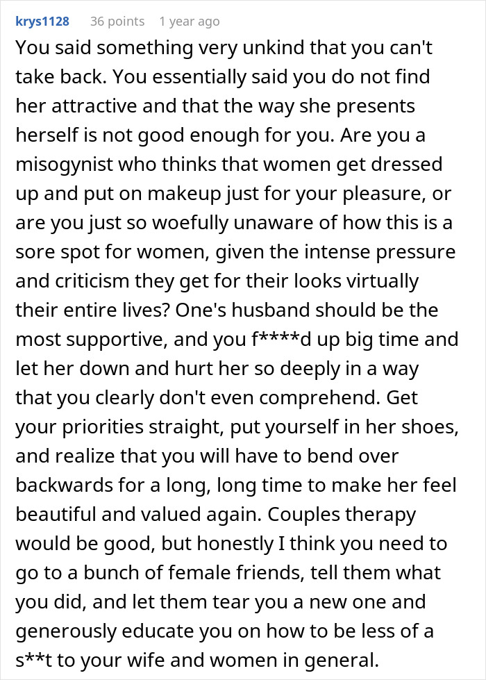 Reddit comment criticizing a guy for saying his girlfriend looks boring, old, and dumpy, and advising him to be supportive. Reddit comment criticizing a guy for saying his girlfriend looks boring, old, and dumpy, and advising him to be supportive.