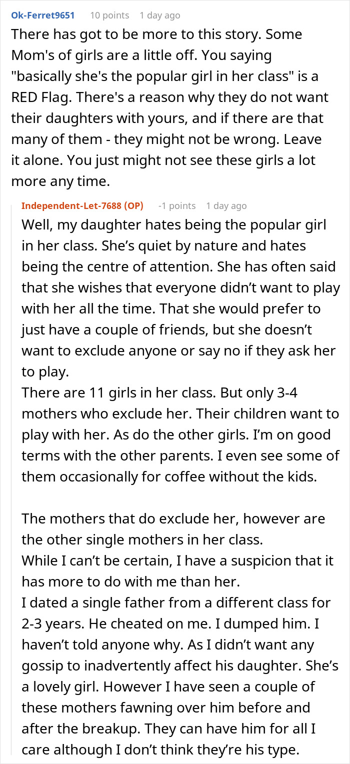 Reddit discussion about a mom dealing with her daughter's exclusion from classmates' parties and events. Reddit discussion about a mom dealing with her daughter's exclusion from classmates' parties and events.