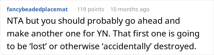 Reddit comment about dolls, suggesting making another customized one for fairness. Reddit comment about dolls, suggesting making another customized one for fairness.