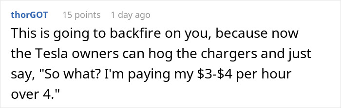 Comment about Tesla drivers and charging station etiquette on a forum, mentioning cost and charger access issues. Comment about Tesla drivers and charging station etiquette on a forum, mentioning cost and charger access issues.