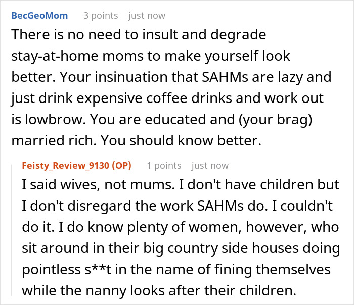Discussion on stay-at-home moms and perspectives on lifestyle choices in a social media thread. Discussion on stay-at-home moms and perspectives on lifestyle choices in a social media thread.