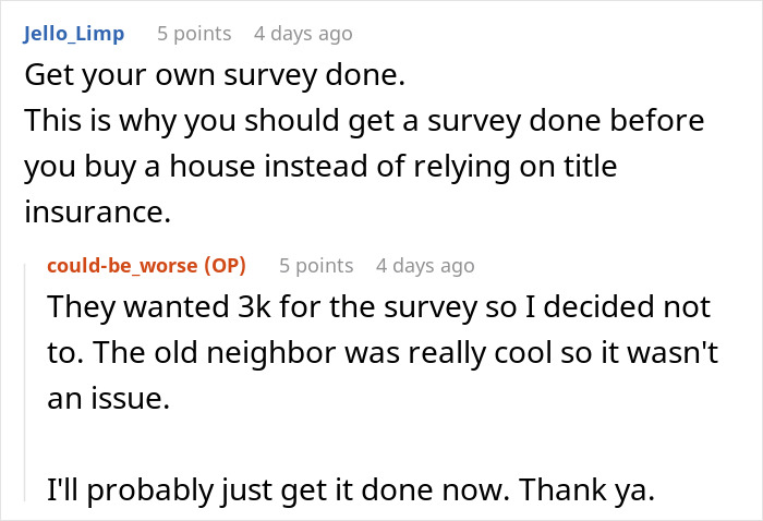 Reddit thread discussing a neighbor's cameras pointed at windows, highlighting the importance of getting a house survey. Reddit thread discussing a neighbor's cameras pointed at windows, highlighting the importance of getting a house survey.