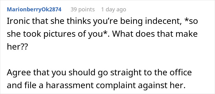 Reddit comment discussing bikini top incident and harassment complaint at public pool. Reddit comment discussing bikini top incident and harassment complaint at public pool.