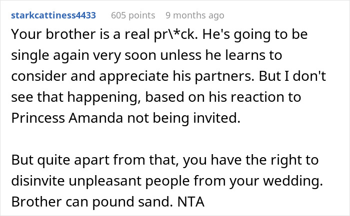 Reddit comment discussing bride's brother bringing female friend instead of long-term girlfriend to the wedding. Reddit comment discussing bride's brother bringing female friend instead of long-term girlfriend to the wedding.