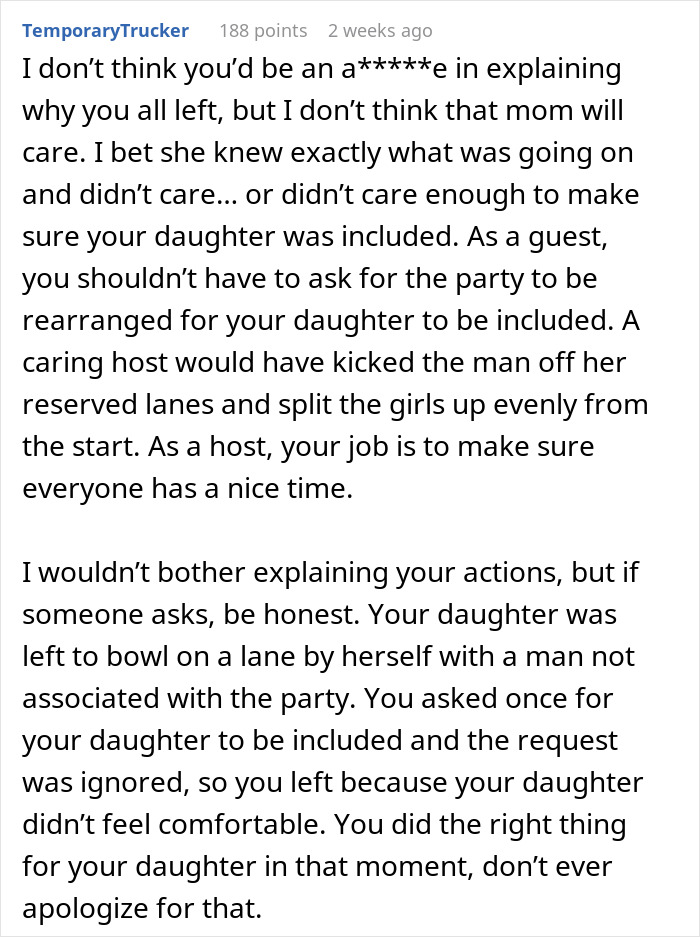 Reddit comment discussing a mom's decision to take her daughter home from a lonely birthday party. Reddit comment discussing a mom's decision to take her daughter home from a lonely birthday party.