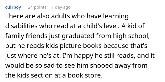 Comment discussing adults with learning disabilities reading in children's section of a bookstore. Comment discussing adults with learning disabilities reading in children's section of a bookstore.