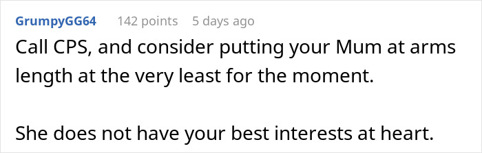 Comment advising to contact CPS after babysitting refusal incident. Comment advising to contact CPS after babysitting refusal incident.