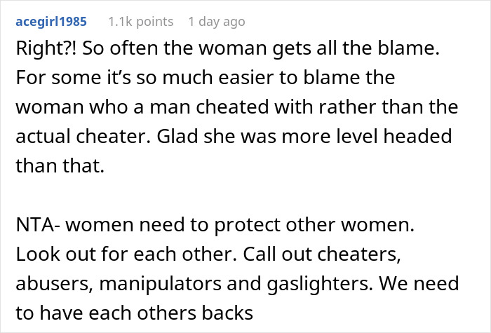 Text discussion on neighbor relationship dynamics, focusing on supporting women and addressing blame in cheating scenarios. Text discussion on neighbor relationship dynamics, focusing on supporting women and addressing blame in cheating scenarios.