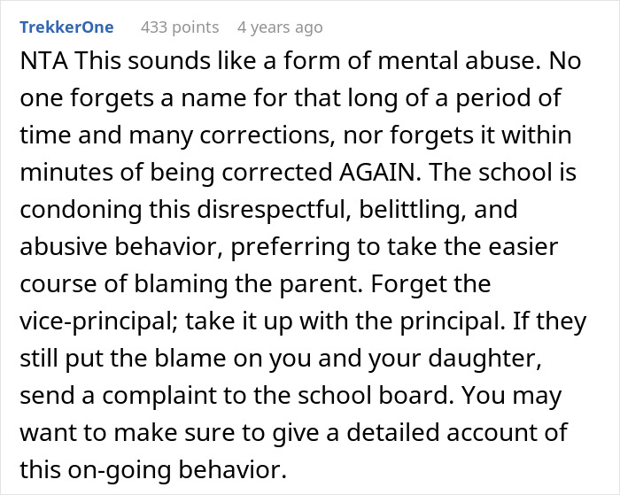 Reddit comment discussing a teacher refusing to pronounce a student's name correctly, calling it mental abuse. Reddit comment discussing a teacher refusing to pronounce a student's name correctly, calling it mental abuse.