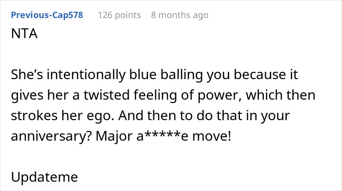 Online comment discussing relationship issues and power dynamics after three years of a dead bedroom. Online comment discussing relationship issues and power dynamics after three years of a dead bedroom.