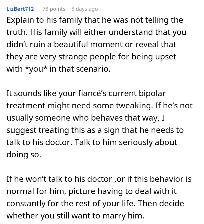 Text comment discussing issues with fiancé's behavior and treatment in relation to a non-existent pregnancy announcement. Text comment discussing issues with fiancé's behavior and treatment in relation to a non-existent pregnancy announcement.