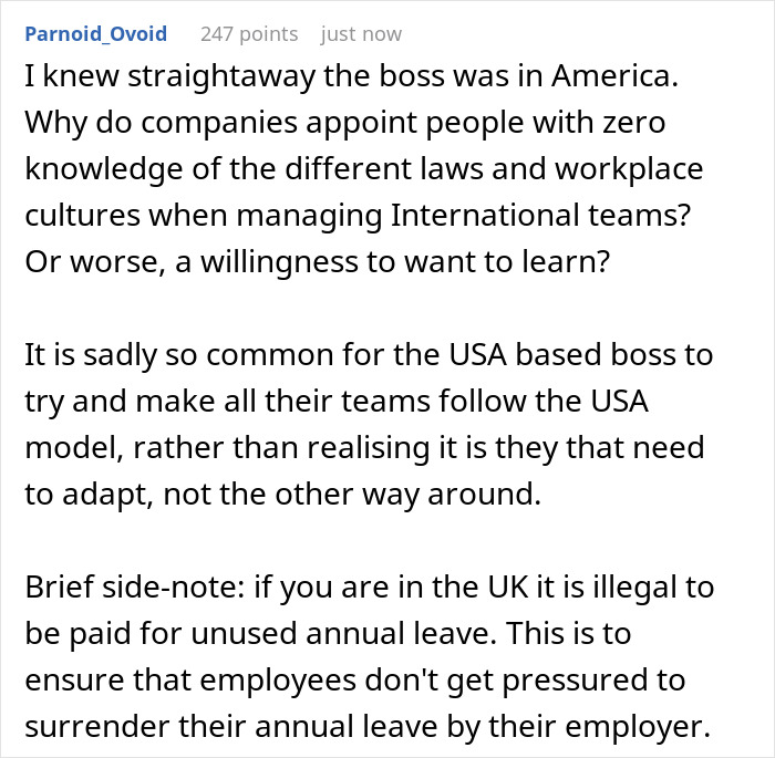 Text discussing cultural differences in PTO policies between American bosses and European employees. Text discussing cultural differences in PTO policies between American bosses and European employees.