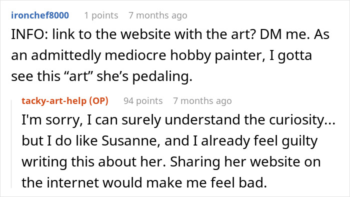 Text exchange about a woman's paintings, with one user interested in finding the art despite its unrequested nature. Text exchange about a woman's paintings, with one user interested in finding the art despite its unrequested nature.