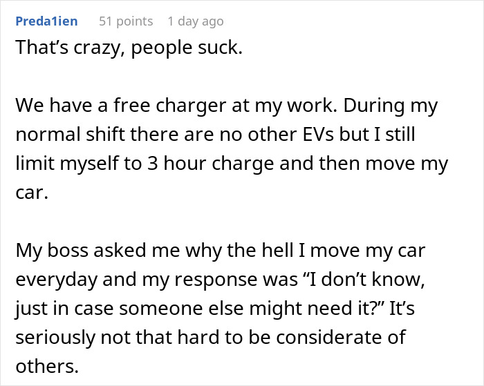Text discussing Tesla drivers, considerate charging station use, and workplace charger etiquette. Text discussing Tesla drivers, considerate charging station use, and workplace charger etiquette.