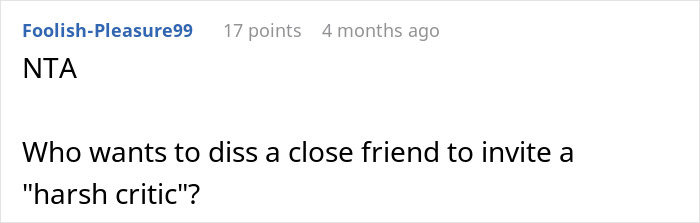 Reddit comment discussing wedding stress, asking why replace a friend with a critic. Reddit comment discussing wedding stress, asking why replace a friend with a critic.
