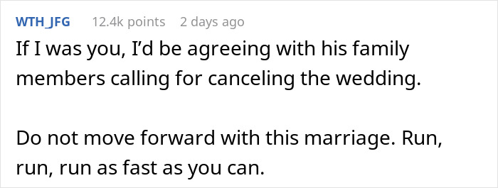 Online comment advising to reconsider marriage due to financial disagreement involving $600. Online comment advising to reconsider marriage due to financial disagreement involving $600.