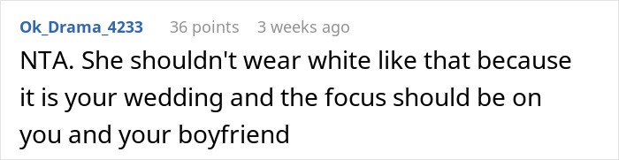 Comment on grandmother wearing white to wedding, focus should be on couple. Comment on grandmother wearing white to wedding, focus should be on couple.