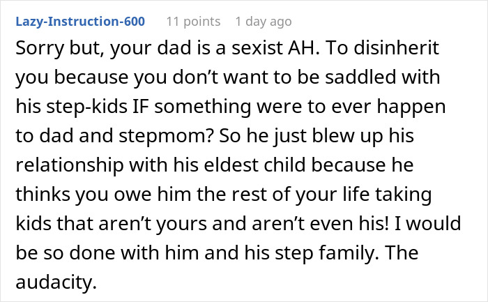 Reddit comment criticizing a father's expectations about stepsiblings, discussing family dynamics and responsibilities. Reddit comment criticizing a father's expectations about stepsiblings, discussing family dynamics and responsibilities.