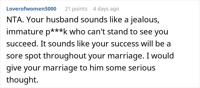 Comment discussing refusal to give up promotion, mentioning husband's jealousy. Comment discussing refusal to give up promotion, mentioning husband's jealousy.