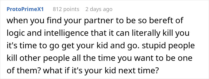 A comment about a husband's prank gone wrong, emphasizing danger and intelligence in relationships. A comment about a husband's prank gone wrong, emphasizing danger and intelligence in relationships.