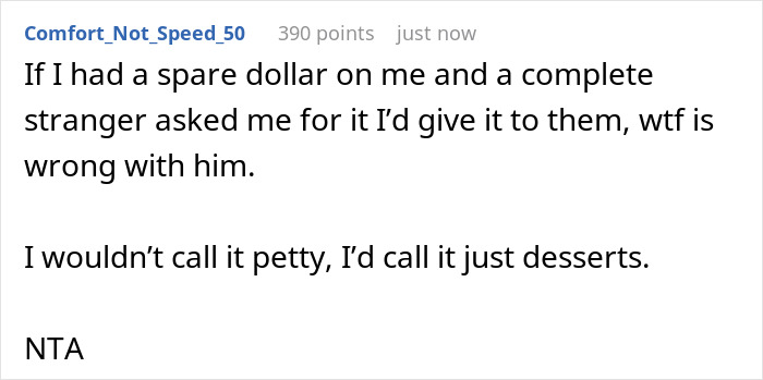 Screenshot of a comment discussing rides and the fairness of cutting someone off over a dollar. Screenshot of a comment discussing rides and the fairness of cutting someone off over a dollar.
