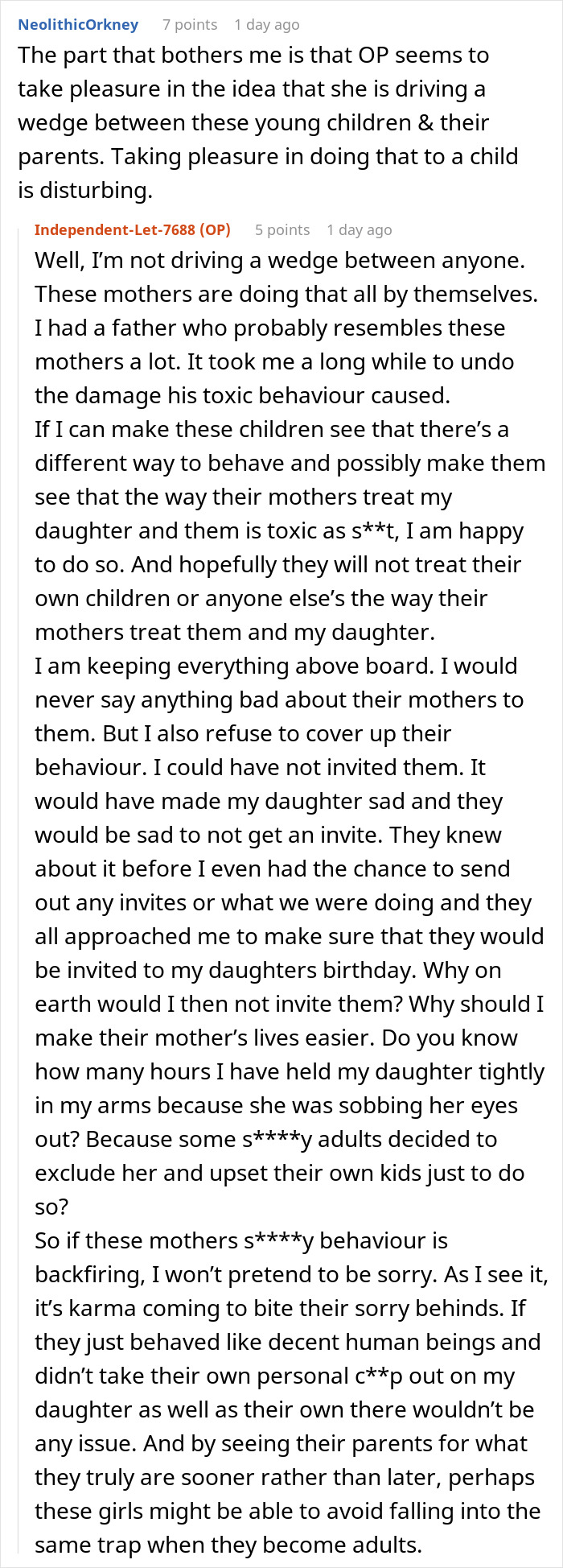 Reddit user comments on parental exclusion affecting children's social events. Reddit user comments on parental exclusion affecting children's social events.