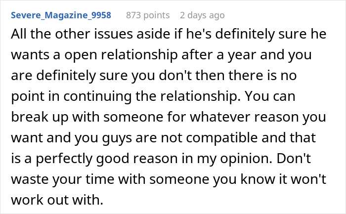 Text comment advising against open relationships if partners are incompatible. Text comment advising against open relationships if partners are incompatible.
