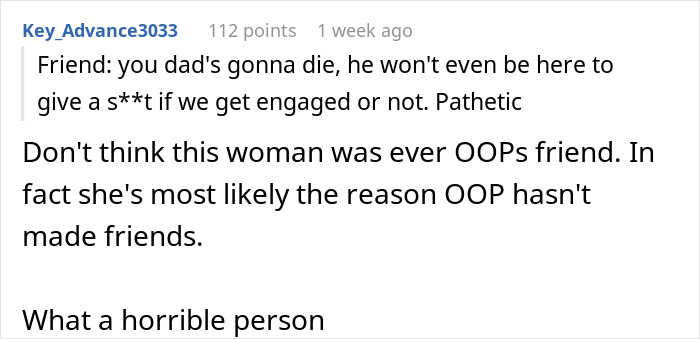 Screenshot of a Reddit comment discussing a friend's inappropriate engagement plans at a wedding. Screenshot of a Reddit comment discussing a friend's inappropriate engagement plans at a wedding.