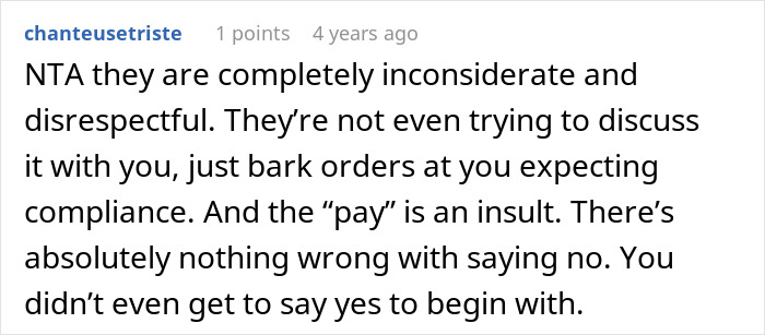 Comment about inconsiderate family demanding babysitting at low pay. Comment about inconsiderate family demanding babysitting at low pay.