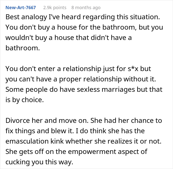 Text discussion about divorce due to a dead bedroom, using an analogy about houses and relationships, with advice to move on. Text discussion about divorce due to a dead bedroom, using an analogy about houses and relationships, with advice to move on.