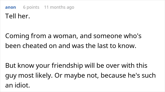 Comment discussing apartment used for cheating, suggesting to tell the truth about the affair consequences. Comment discussing apartment used for cheating, suggesting to tell the truth about the affair consequences.