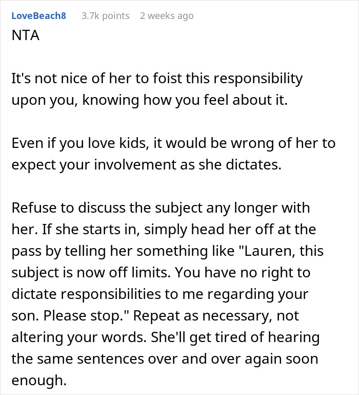 Text advice about a woman's request for her brother to take a parental role with her son. Text advice about a woman's request for her brother to take a parental role with her son.
