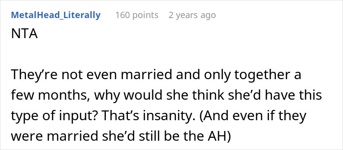 Comment discussing a partner's input on naming a baby not hers, doubting her entitlement. Comment discussing a partner's input on naming a baby not hers, doubting her entitlement.