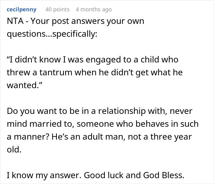 Text post discussing a woman questioning her wedding after fiancé sided with his sister, calling his behavior childish. Text post discussing a woman questioning her wedding after fiancé sided with his sister, calling his behavior childish.