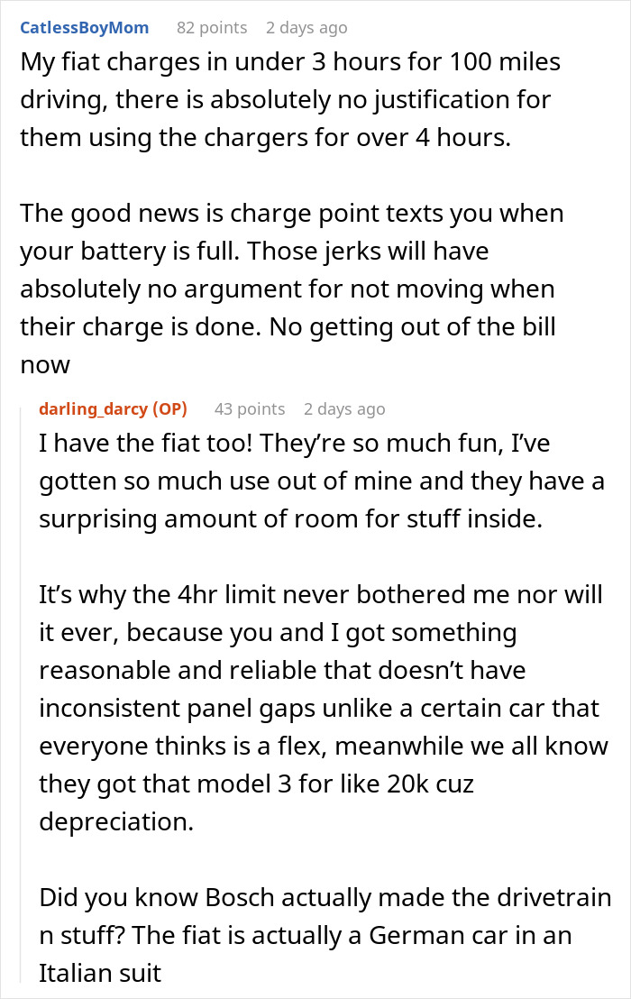 Discussion on Tesla drivers and charging station use; commenters compare Fiat charging efficiency. Discussion on Tesla drivers and charging station use; commenters compare Fiat charging efficiency.