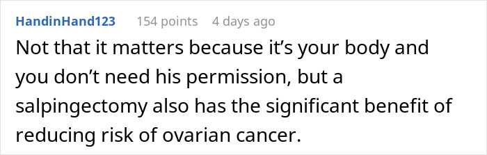 Comment discussing sterilization decision and ovarian cancer risk reduction. Comment discussing sterilization decision and ovarian cancer risk reduction.
