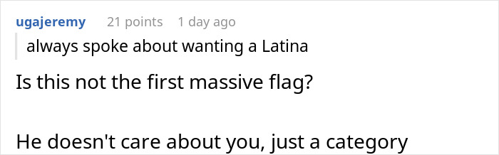 Social media comment about a man pushing fiancée to rethink marriage over Hispanic cooking. Social media comment about a man pushing fiancée to rethink marriage over Hispanic cooking.