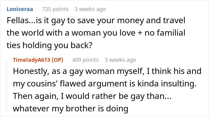 Two Reddit comments discussing relationships and personal choices. Two Reddit comments discussing relationships and personal choices.