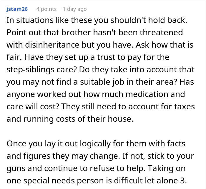 Text discussing a woman expected to care for stepsiblings, highlighting fairness and financial concerns in the situation. Text discussing a woman expected to care for stepsiblings, highlighting fairness and financial concerns in the situation.