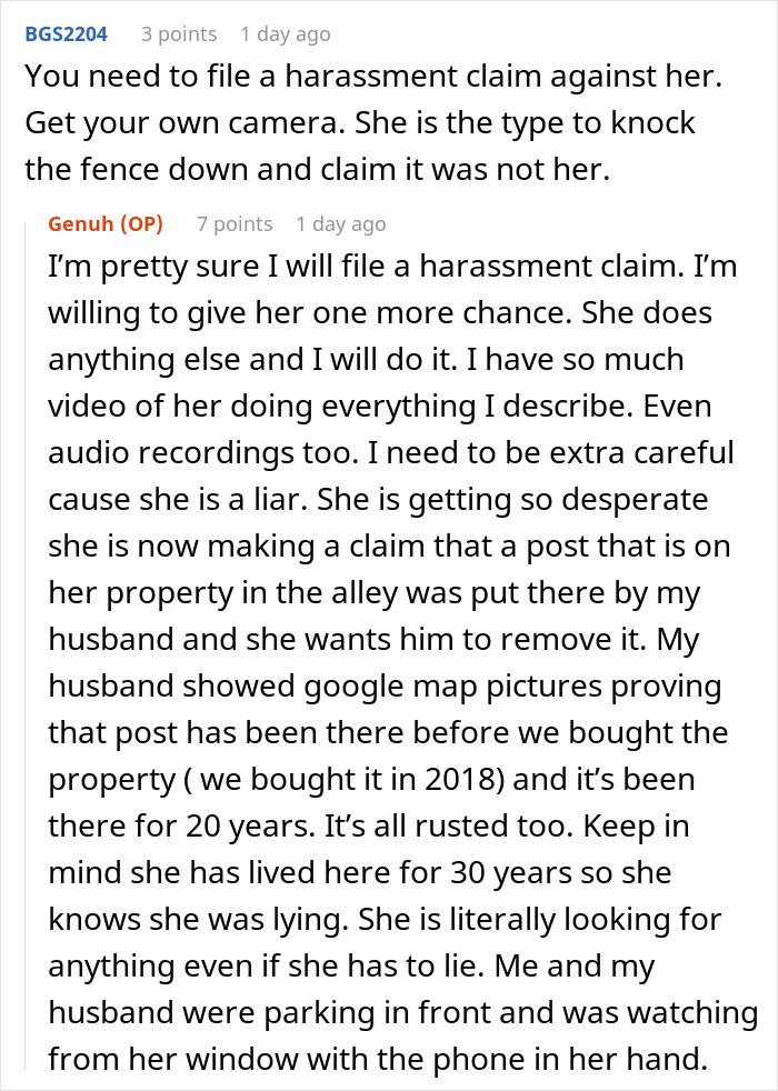 Reddit discussion about neighbor's fence dispute involving alleged OCD behavior and harassment claims. Reddit discussion about neighbor's fence dispute involving alleged OCD behavior and harassment claims.