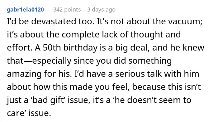 Comment discussing lack of thought in a husband's vacuum gift for wife, stressing it's not just a 'bad gift' issue. Comment discussing lack of thought in a husband's vacuum gift for wife, stressing it's not just a 'bad gift' issue.