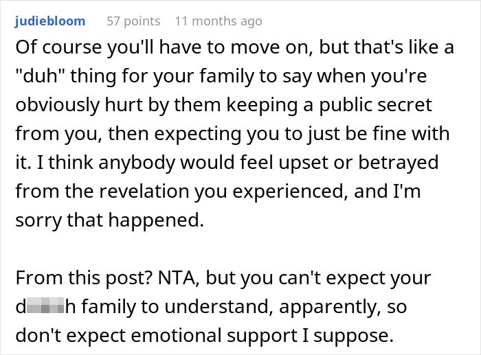 Reddit comment discussing feelings of betrayal related to a family secret. Reddit comment discussing feelings of betrayal related to a family secret.