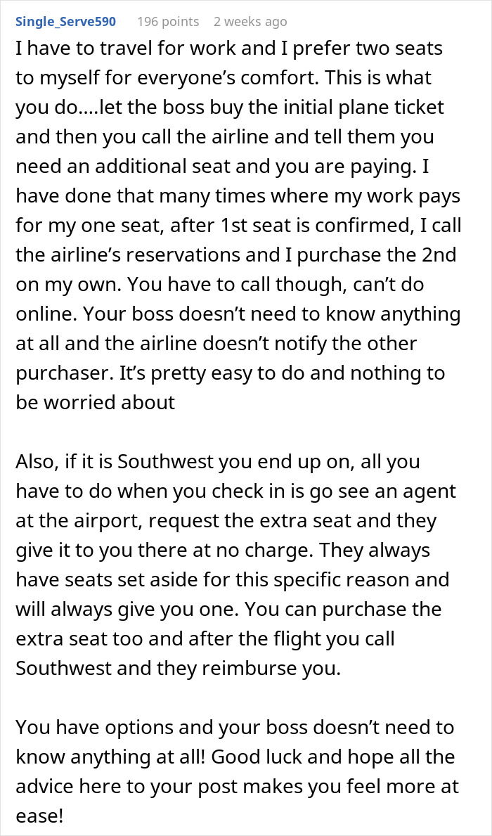 “Advice for new hire needing extra space on a flight, suggesting to book an additional seat after initial purchase.” “Advice for new hire needing extra space on a flight, suggesting to book an additional seat after initial purchase.”