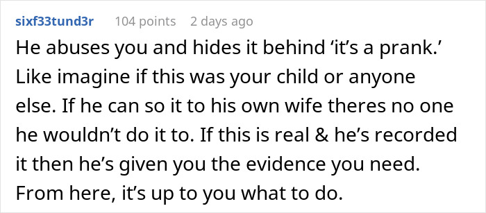 Text comment on a husband's prank, questioning its intent and highlighting potential harm to wife's safety. Text comment on a husband's prank, questioning its intent and highlighting potential harm to wife's safety.
