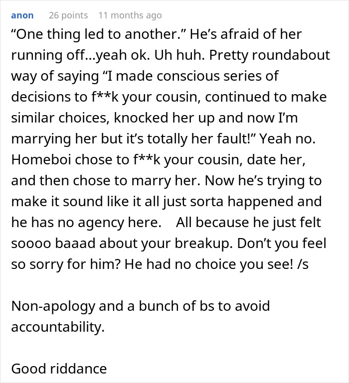 Text response discussing guy marrying ex-girlfriend's cousin and his fear related to her pregnancy. Text response discussing guy marrying ex-girlfriend's cousin and his fear related to her pregnancy.