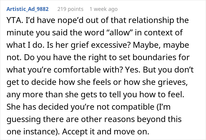 Text response criticizing someone for trying to control girlfriend's grief over her dog's ashes. Text response criticizing someone for trying to control girlfriend's grief over her dog's ashes.