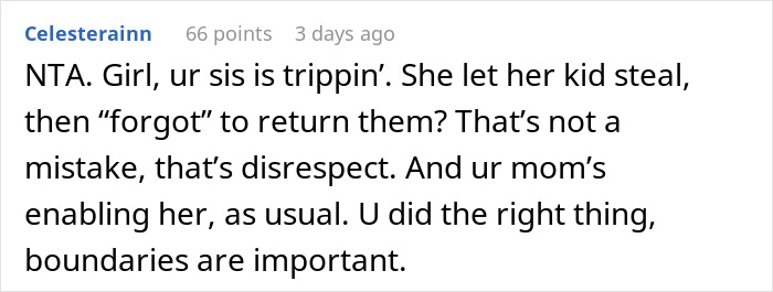 Comment discussing setting boundaries with a sticky-fingers niece and returning stolen trinkets before giving back toys. Comment discussing setting boundaries with a sticky-fingers niece and returning stolen trinkets before giving back toys.
