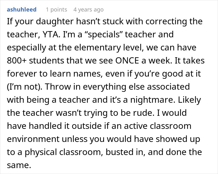 Text discussing teacher's challenge with pronouncing daughter's name correctly. Text discussing teacher's challenge with pronouncing daughter's name correctly.