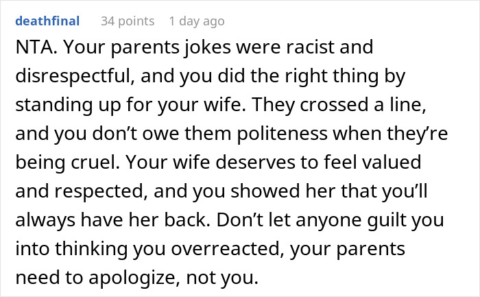 Text supports Thai wife against racist parents, highlighting need for apology. Text supports Thai wife against racist parents, highlighting need for apology.