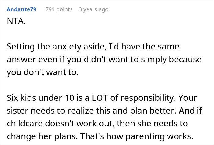 Reddit comment discussing anxiety, responsibility of babysitting six kids, and advice on parenting and childcare planning. Reddit comment discussing anxiety, responsibility of babysitting six kids, and advice on parenting and childcare planning.
